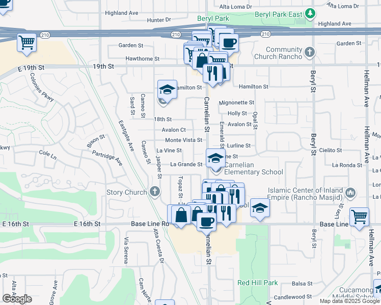 map of restaurants, bars, coffee shops, grocery stores, and more near 7041 Topaz Street in Rancho Cucamonga