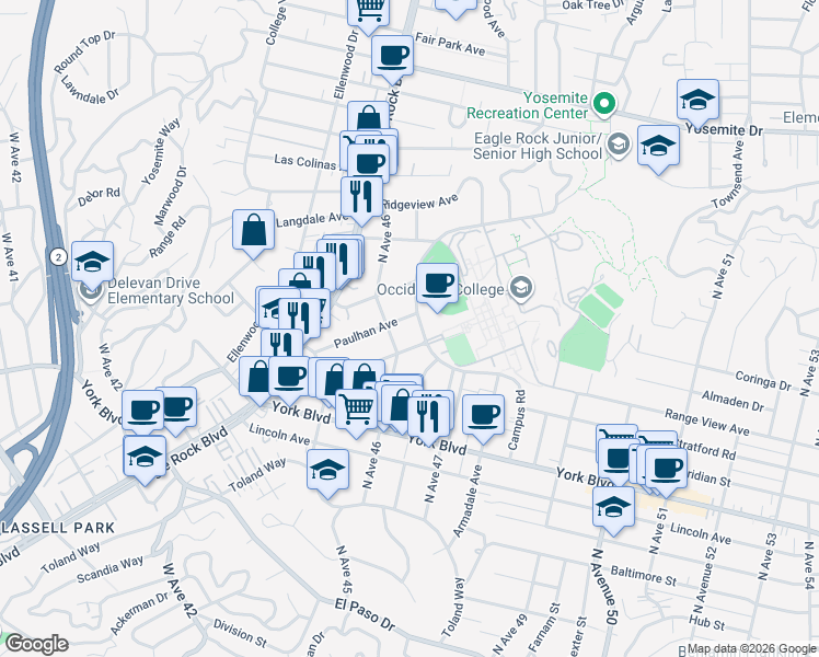 map of restaurants, bars, coffee shops, grocery stores, and more near 1621 Campus Road in Los Angeles