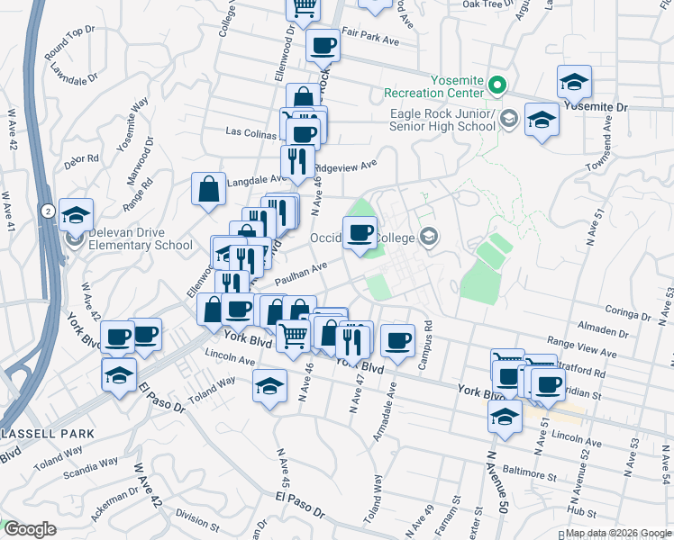 map of restaurants, bars, coffee shops, grocery stores, and more near 1623 Campus Road in Los Angeles