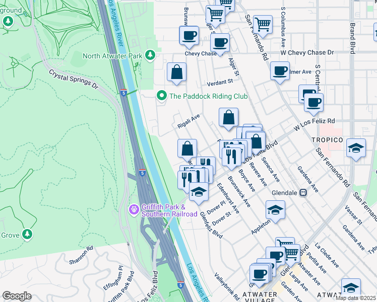 map of restaurants, bars, coffee shops, grocery stores, and more near 4115 Garden Avenue in Los Angeles