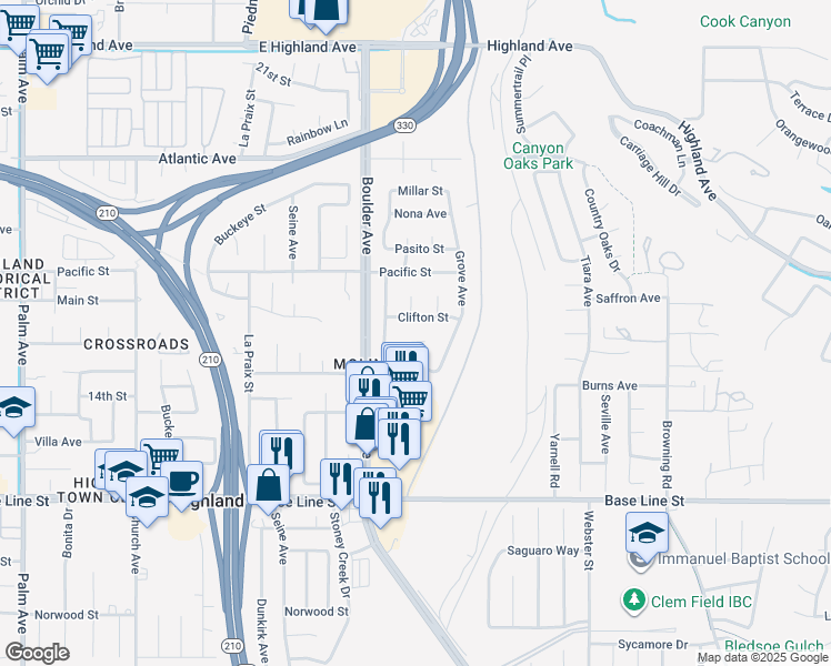 map of restaurants, bars, coffee shops, grocery stores, and more near 7022 Laurel Place in Highland