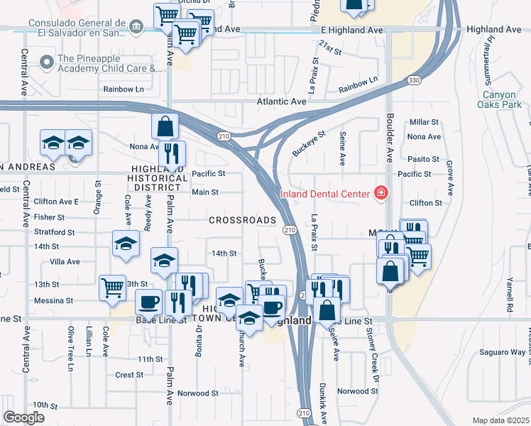 map of restaurants, bars, coffee shops, grocery stores, and more near 7001 Church Avenue in Highland