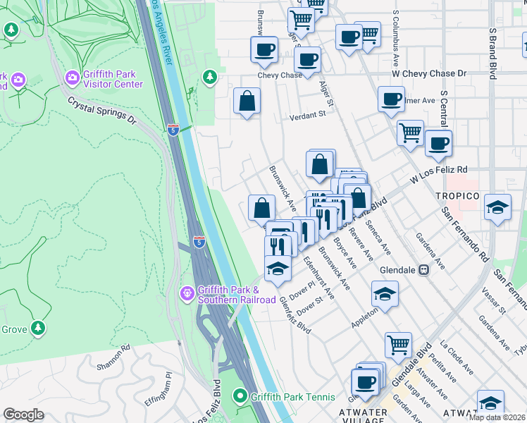 map of restaurants, bars, coffee shops, grocery stores, and more near 4115 Garden Avenue in Los Angeles