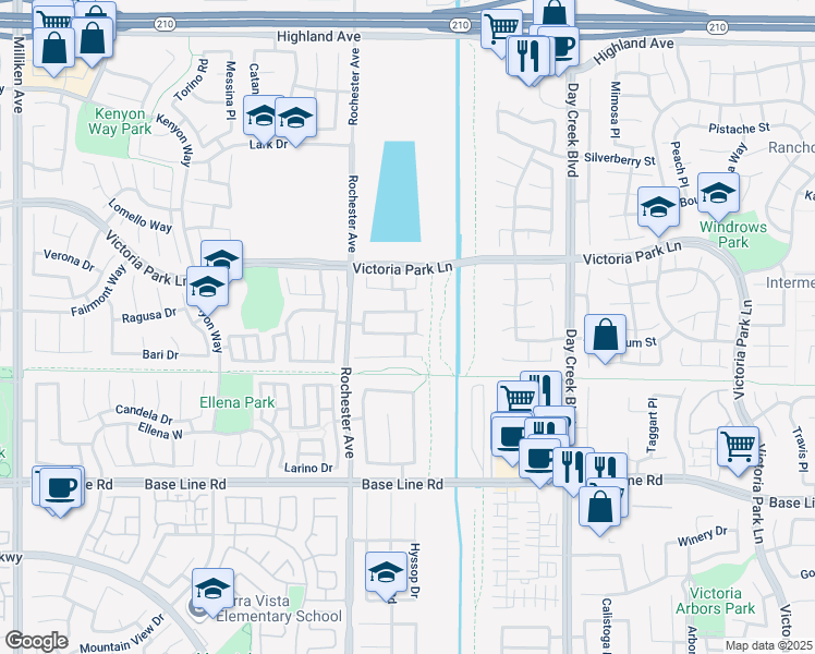 map of restaurants, bars, coffee shops, grocery stores, and more near 11984 Stegmeir Drive in Rancho Cucamonga