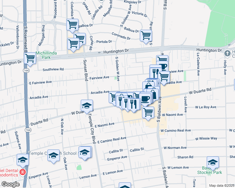 map of restaurants, bars, coffee shops, grocery stores, and more near 900 Arcadia Avenue in Arcadia