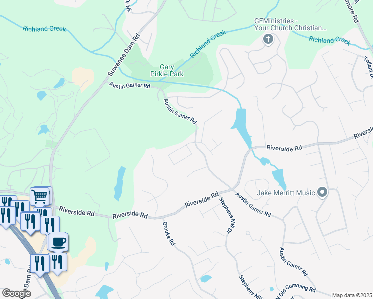map of restaurants, bars, coffee shops, grocery stores, and more near 555 Austin Creek Drive in Buford