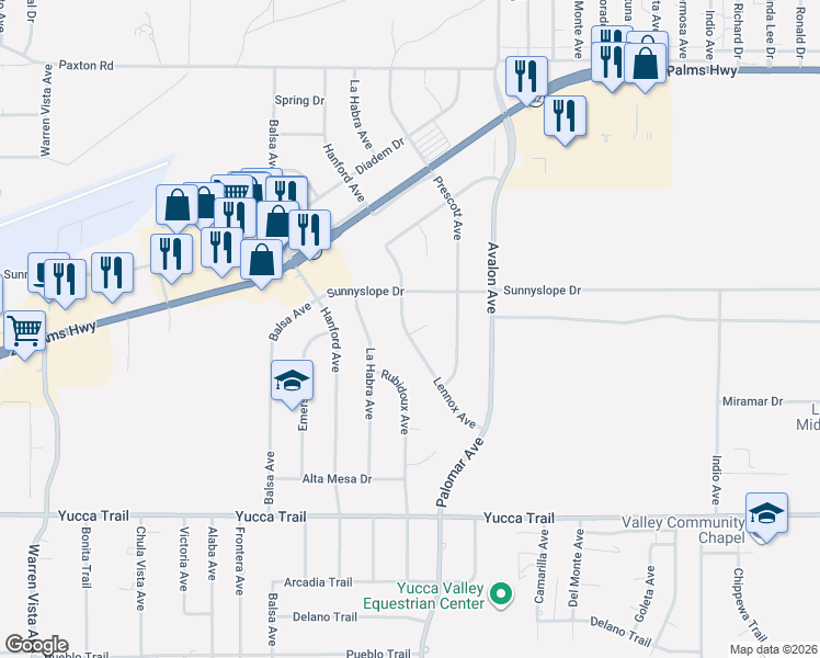 map of restaurants, bars, coffee shops, grocery stores, and more near 6974 Lennox Avenue in Yucca Valley