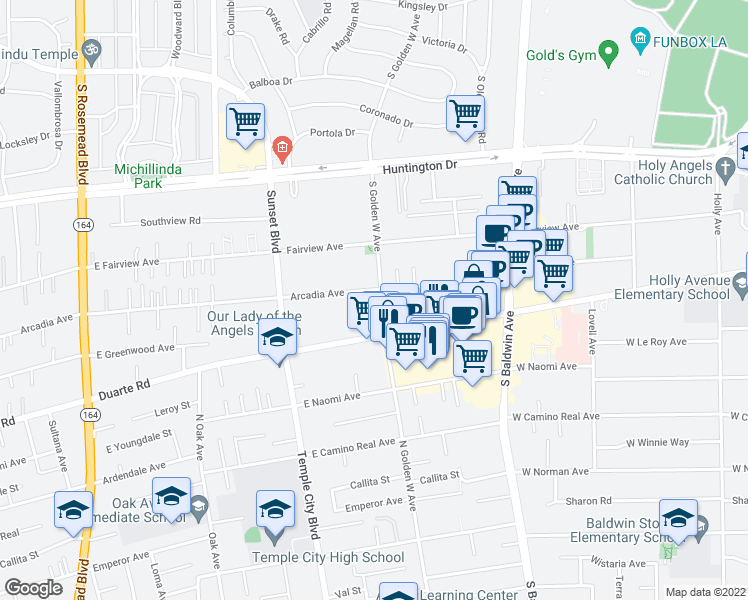 map of restaurants, bars, coffee shops, grocery stores, and more near 1105 Golden West Avenue in Arcadia