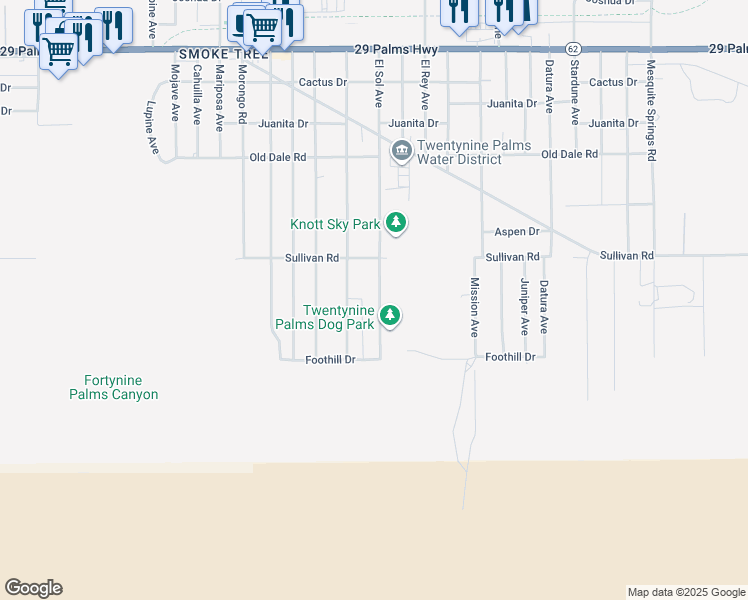 map of restaurants, bars, coffee shops, grocery stores, and more near 6988 El Sol Avenue in Twentynine Palms