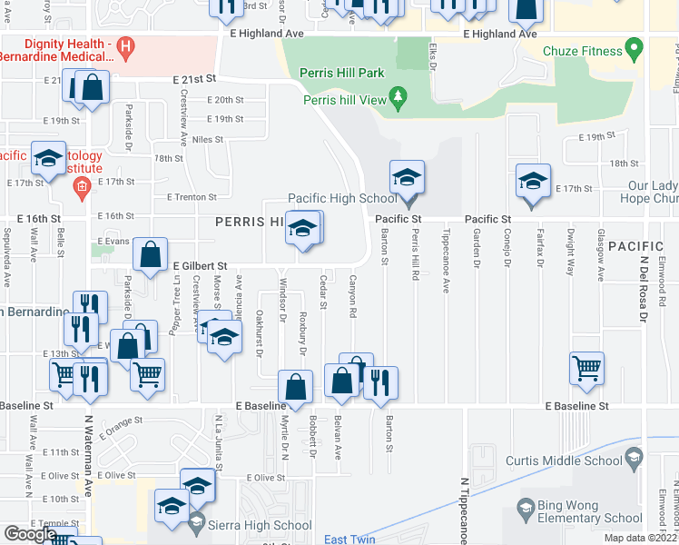 map of restaurants, bars, coffee shops, grocery stores, and more near 935 East Gilbert Street in San Bernardino