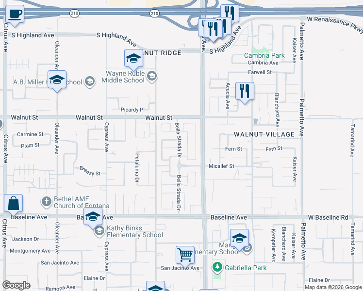 map of restaurants, bars, coffee shops, grocery stores, and more near 7013 Bella Strada Drive in Fontana