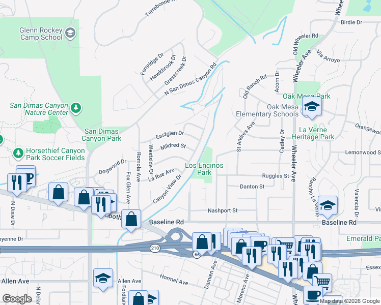 map of restaurants, bars, coffee shops, grocery stores, and more near 1219 Canyon View Drive in La Verne
