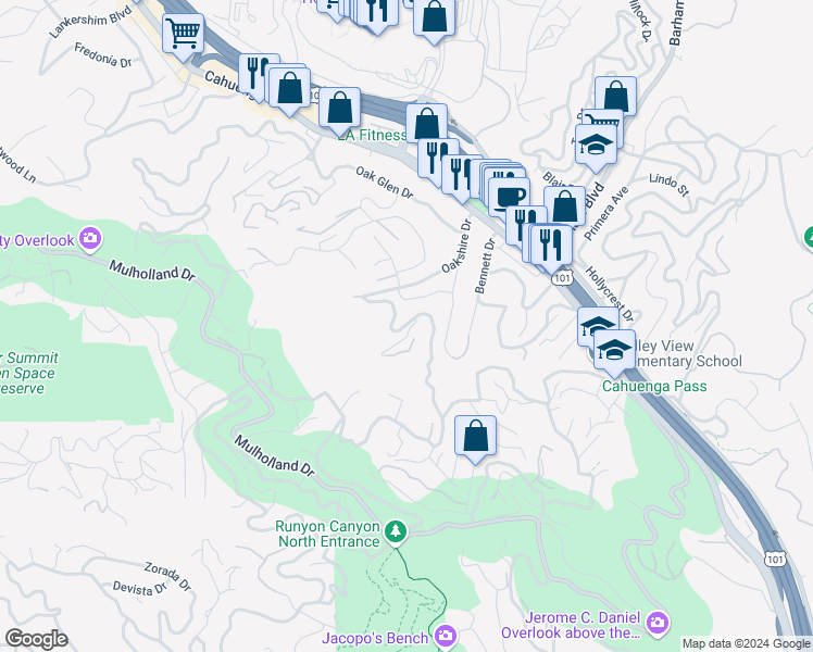 map of restaurants, bars, coffee shops, grocery stores, and more near 3031 Passmore Drive in Los Angeles