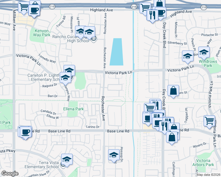 map of restaurants, bars, coffee shops, grocery stores, and more near 11926 Stegmeir Drive in Rancho Cucamonga