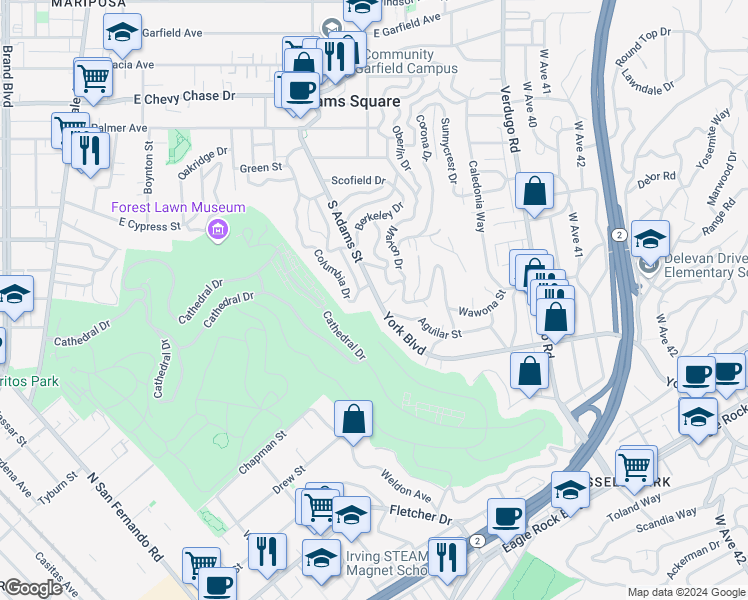 map of restaurants, bars, coffee shops, grocery stores, and more near 1615 South Adams Street in Glendale