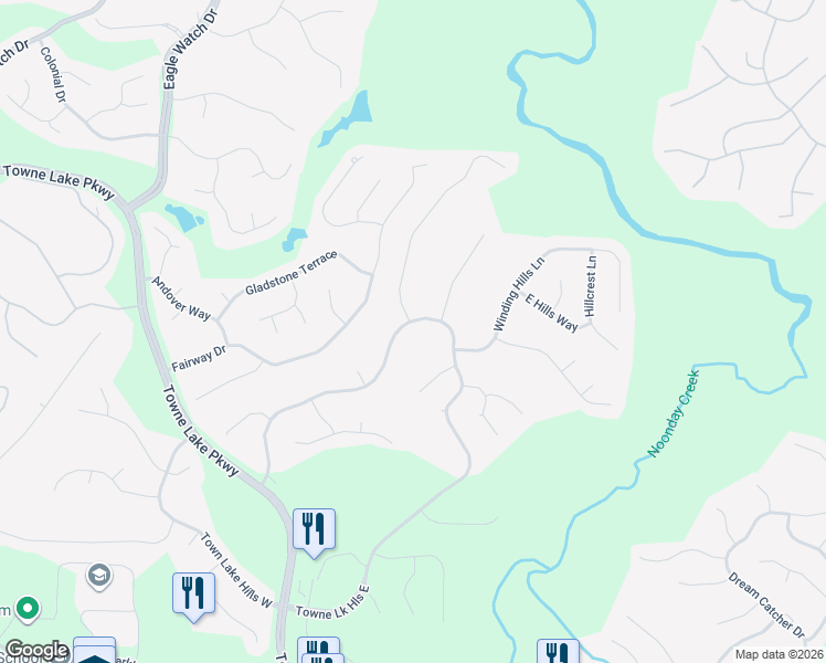 map of restaurants, bars, coffee shops, grocery stores, and more near 1085 Towne Lake Hills East in Woodstock
