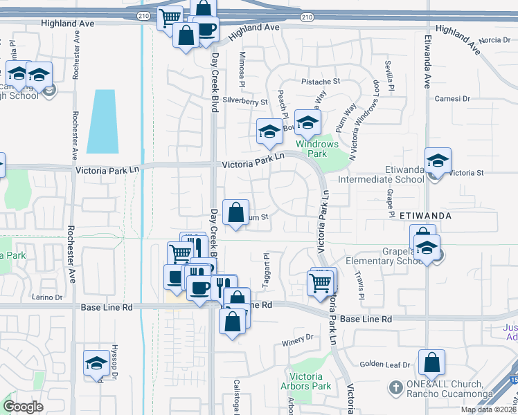 map of restaurants, bars, coffee shops, grocery stores, and more near 7019 Basswood Place in Rancho Cucamonga