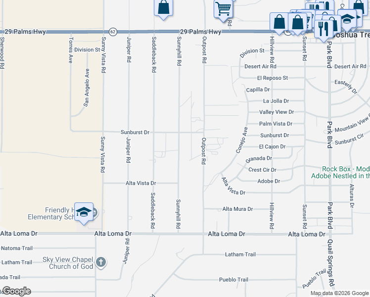 map of restaurants, bars, coffee shops, grocery stores, and more near 6965 Sunnyhill Road in Joshua Tree