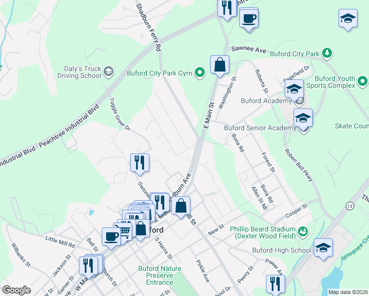 map of restaurants, bars, coffee shops, grocery stores, and more near 20 Victor Drive in Buford