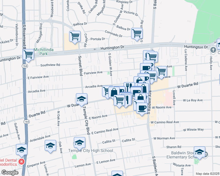 map of restaurants, bars, coffee shops, grocery stores, and more near 900 Arcadia Avenue in Arcadia