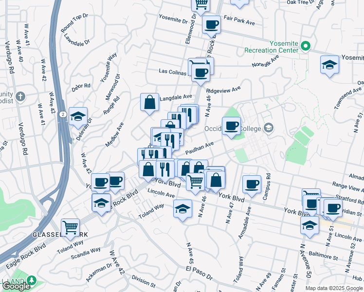 map of restaurants, bars, coffee shops, grocery stores, and more near 4526 North Eagle Rock Boulevard in Los Angeles
