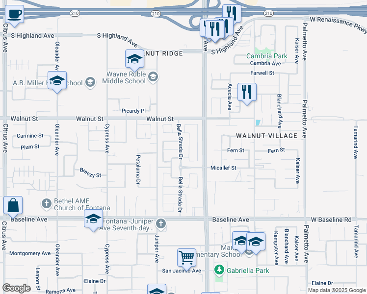 map of restaurants, bars, coffee shops, grocery stores, and more near 7013 Bella Strada Drive in Fontana