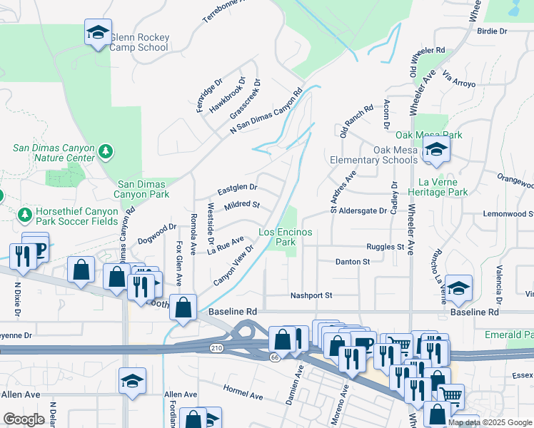map of restaurants, bars, coffee shops, grocery stores, and more near 1219 Canyon View Drive in La Verne