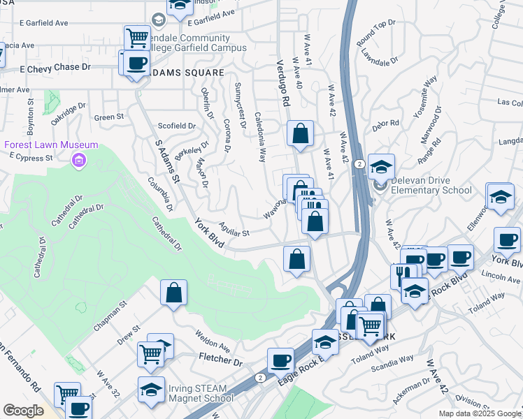 map of restaurants, bars, coffee shops, grocery stores, and more near 3883 Wawona Street in Los Angeles