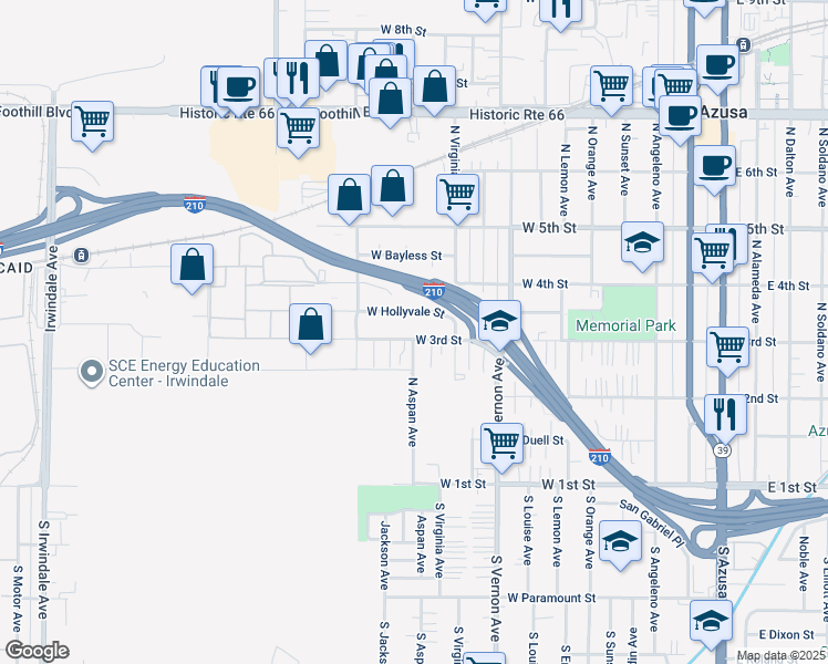 map of restaurants, bars, coffee shops, grocery stores, and more near 947 West 3rd Street in Azusa