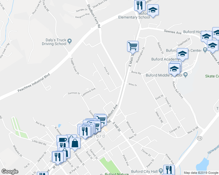 map of restaurants, bars, coffee shops, grocery stores, and more near 25 Stonehedge Drive in Buford