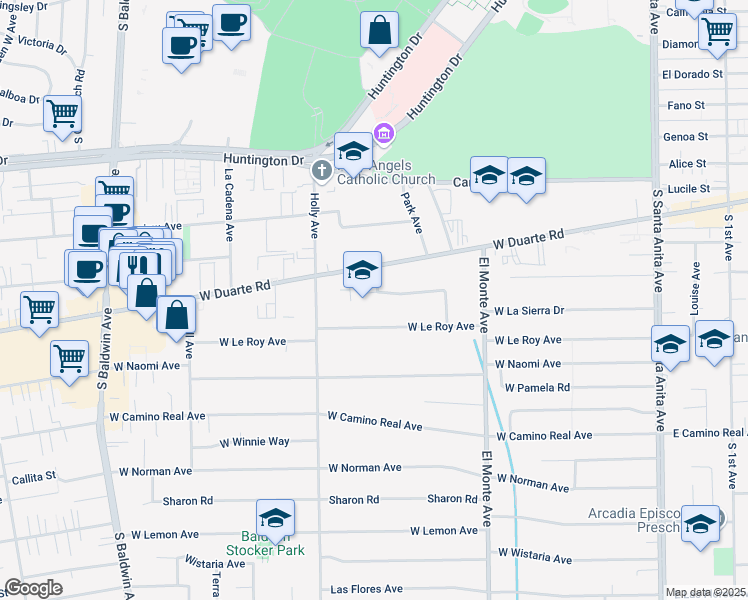 map of restaurants, bars, coffee shops, grocery stores, and more near 334 West Magna Vista Avenue in Arcadia