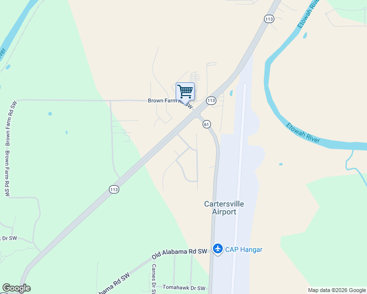 map of restaurants, bars, coffee shops, grocery stores, and more near 10 Shagbark Drive Southwest in Cartersville