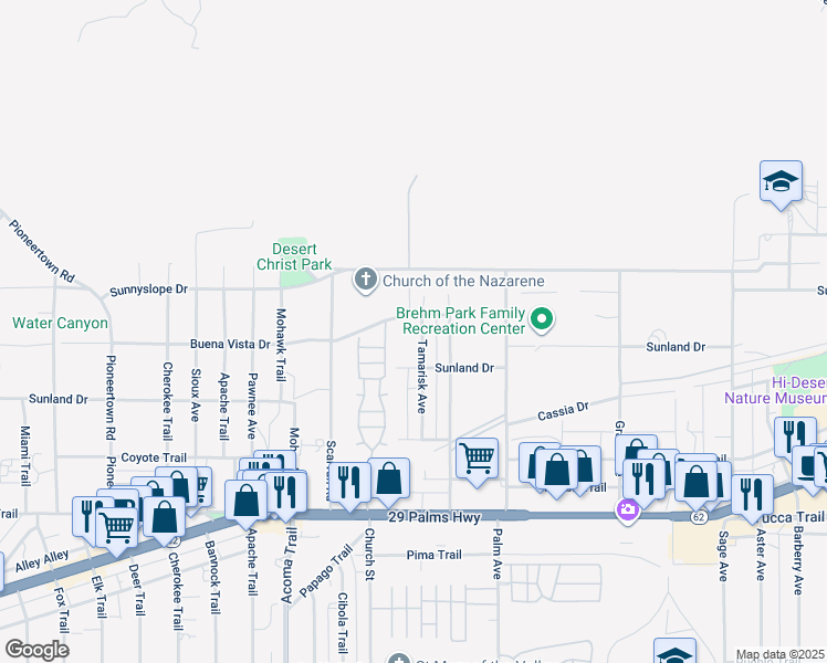 map of restaurants, bars, coffee shops, grocery stores, and more near 6972 Tamarisk Avenue in Yucca Valley