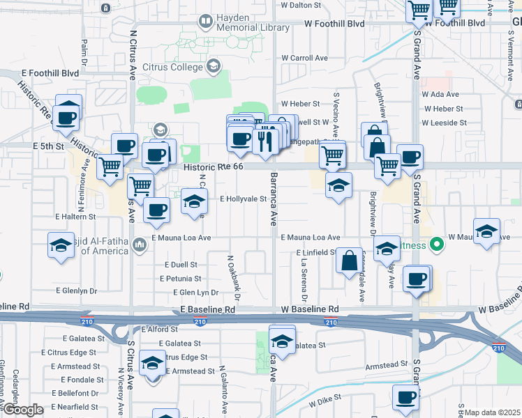 map of restaurants, bars, coffee shops, grocery stores, and more near 6250 North Traymore Avenue in Azusa