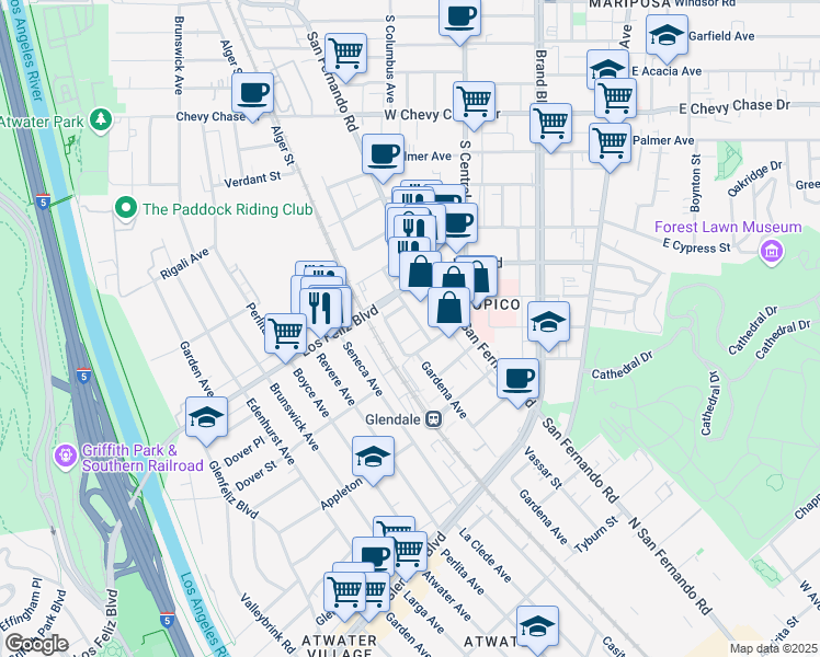map of restaurants, bars, coffee shops, grocery stores, and more near 1505 Gardena Avenue in Glendale