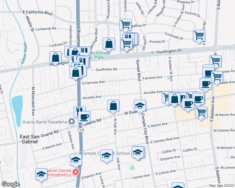 map of restaurants, bars, coffee shops, grocery stores, and more near 9171 East Arcadia Avenue in San Gabriel