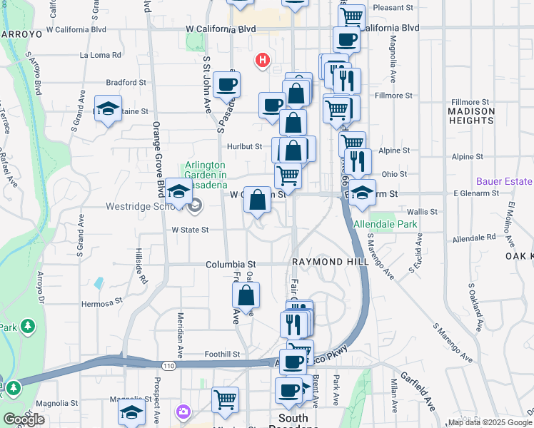 map of restaurants, bars, coffee shops, grocery stores, and more near 70 Grace Terrace in Pasadena