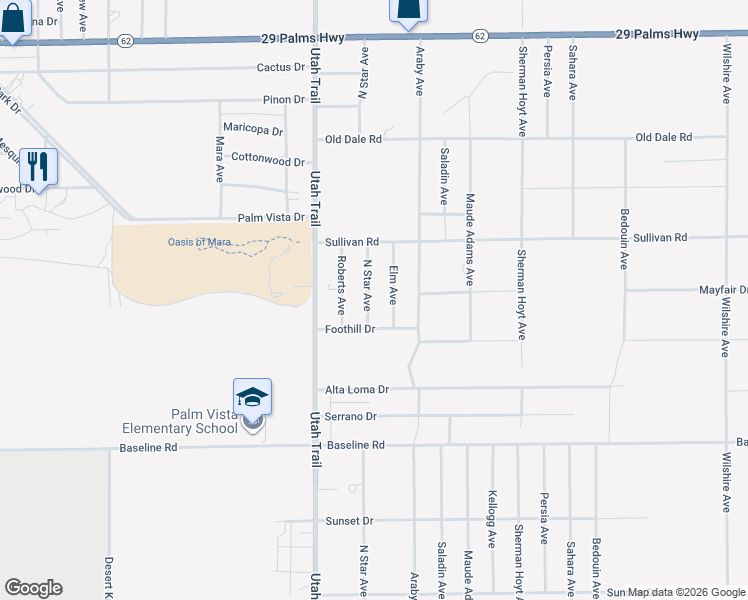map of restaurants, bars, coffee shops, grocery stores, and more near 7013 North Star Avenue in Twentynine Palms