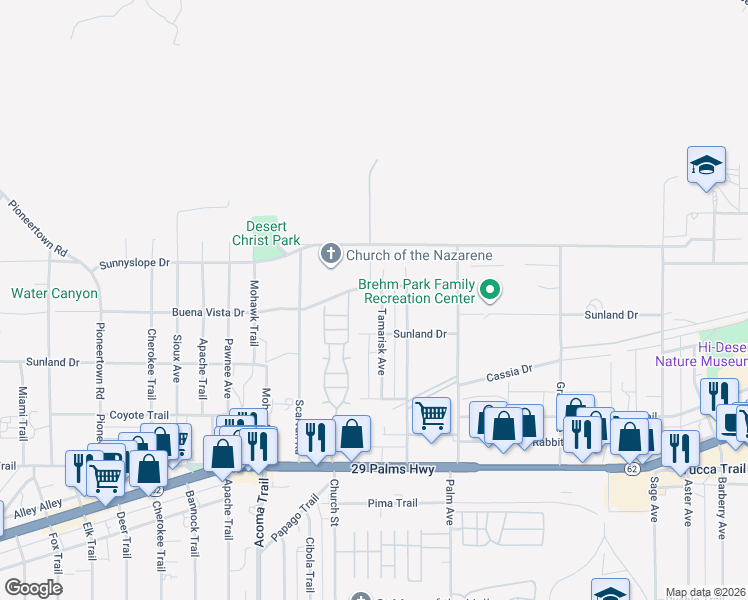 map of restaurants, bars, coffee shops, grocery stores, and more near 6972 Tamarisk Avenue in Yucca Valley
