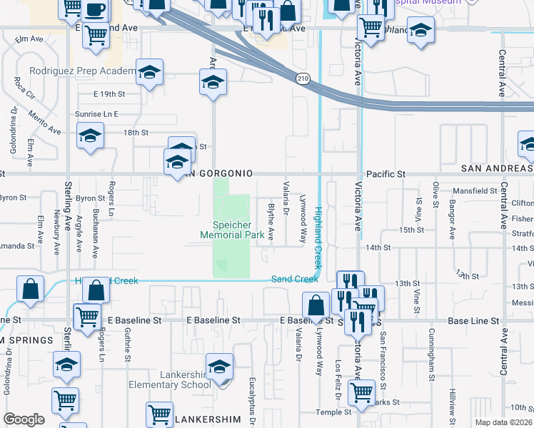 map of restaurants, bars, coffee shops, grocery stores, and more near 1494 Blythe Avenue in Highland