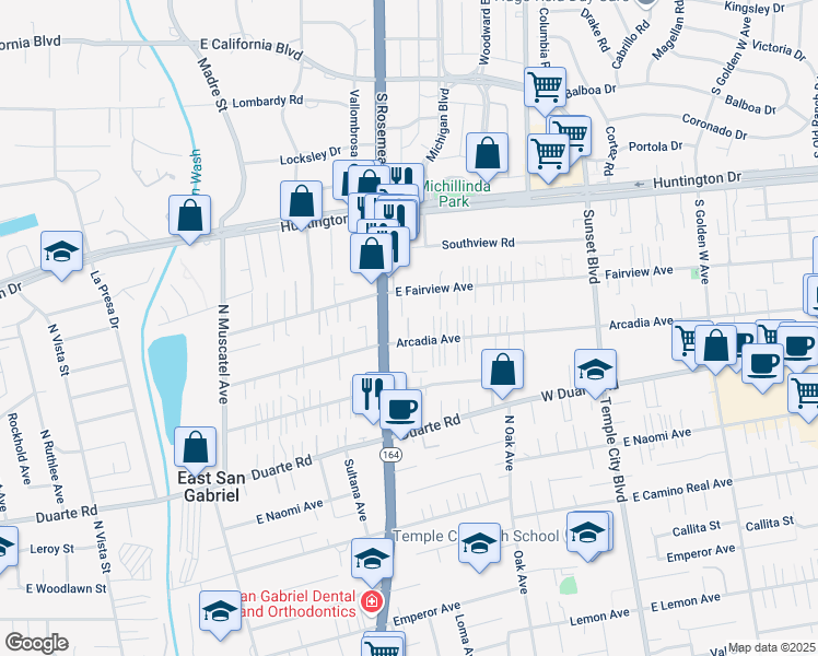 map of restaurants, bars, coffee shops, grocery stores, and more near 9017 Arcadia Avenue in San Gabriel