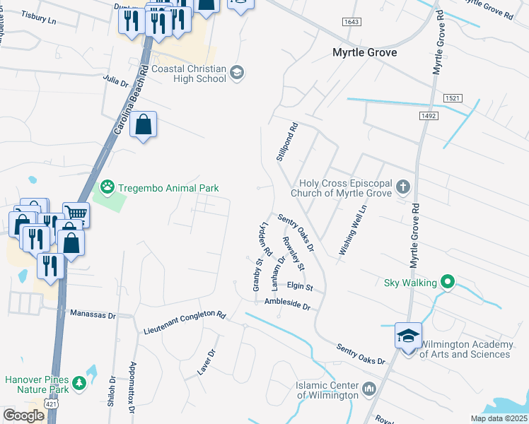 map of restaurants, bars, coffee shops, grocery stores, and more near 6170 Lydden Road in Wilmington