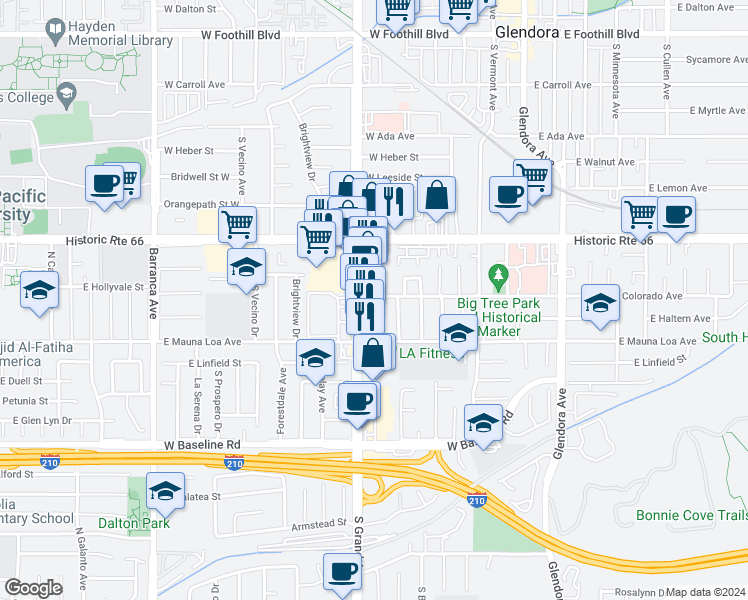 map of restaurants, bars, coffee shops, grocery stores, and more near 520 West Colorado Avenue in Glendora