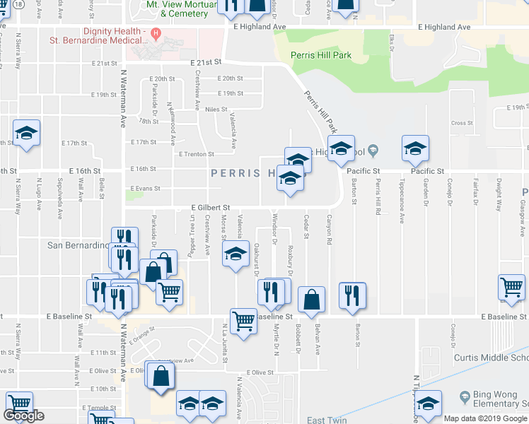 map of restaurants, bars, coffee shops, grocery stores, and more near 755 East Gilbert Street in San Bernardino