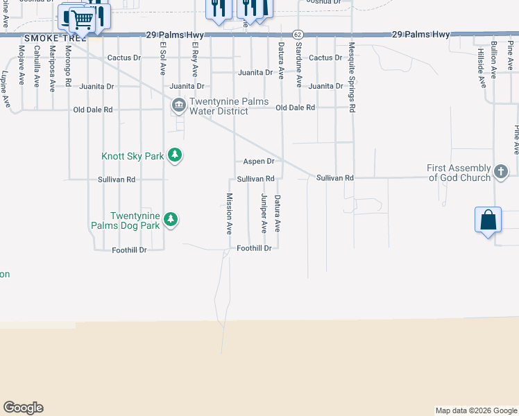 map of restaurants, bars, coffee shops, grocery stores, and more near 6978 Juniper Avenue in Twentynine Palms