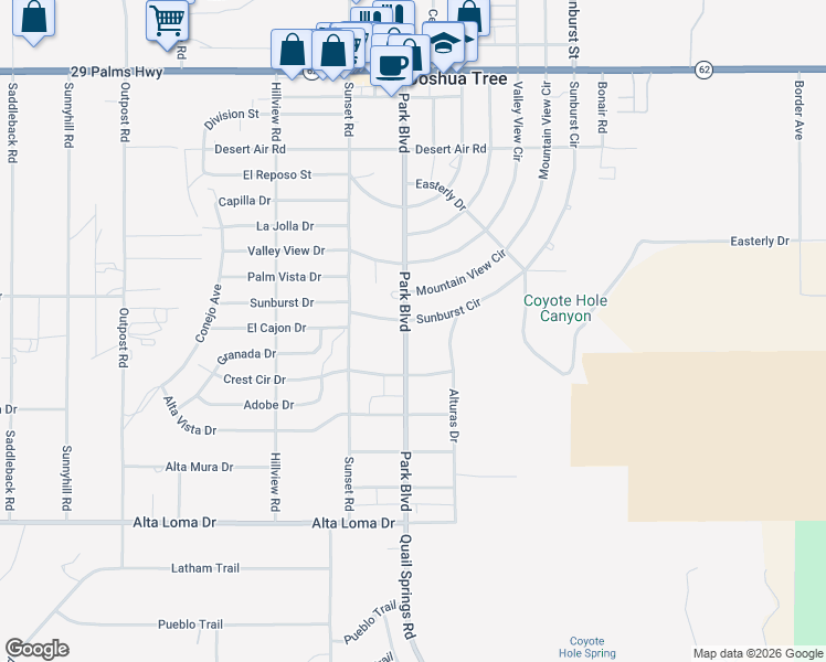 map of restaurants, bars, coffee shops, grocery stores, and more near 6967 Park Boulevard in Joshua Tree