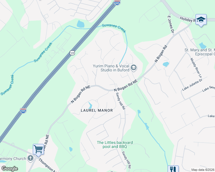 map of restaurants, bars, coffee shops, grocery stores, and more near 3169 Falls Crest Court in Buford
