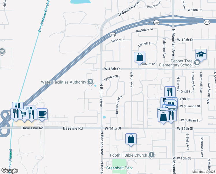 map of restaurants, bars, coffee shops, grocery stores, and more near 1739 Orangewood Avenue in Upland