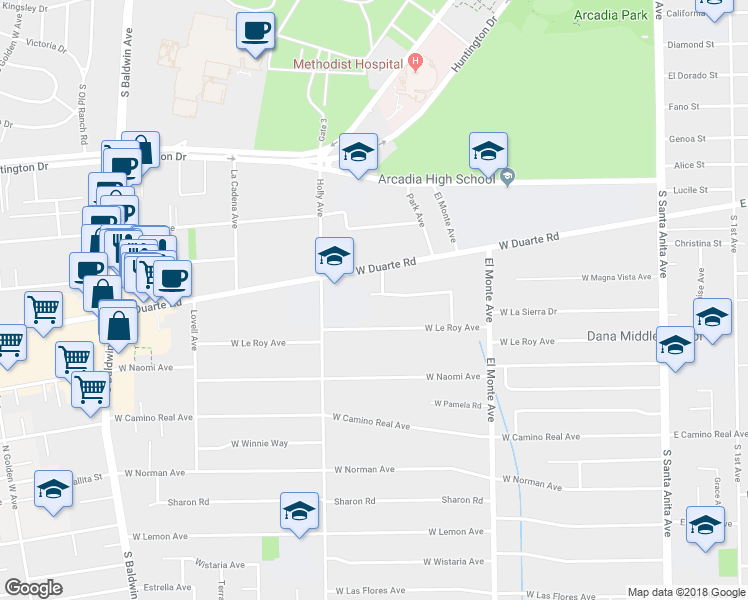 map of restaurants, bars, coffee shops, grocery stores, and more near 334 West Magna Vista Avenue in Arcadia