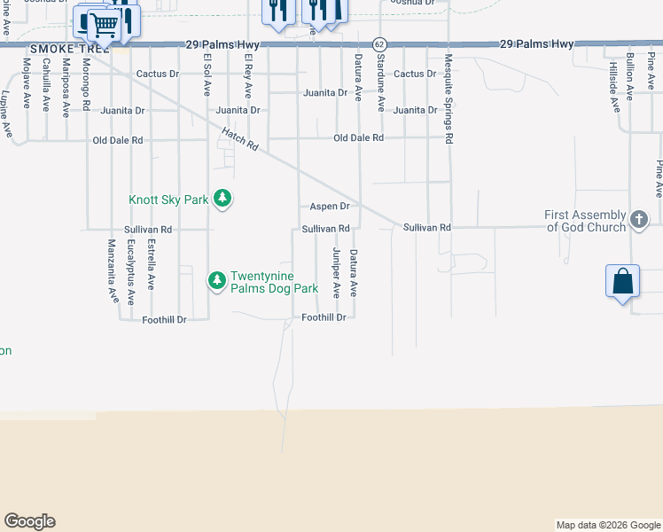 map of restaurants, bars, coffee shops, grocery stores, and more near 6978 Juniper Avenue in Twentynine Palms